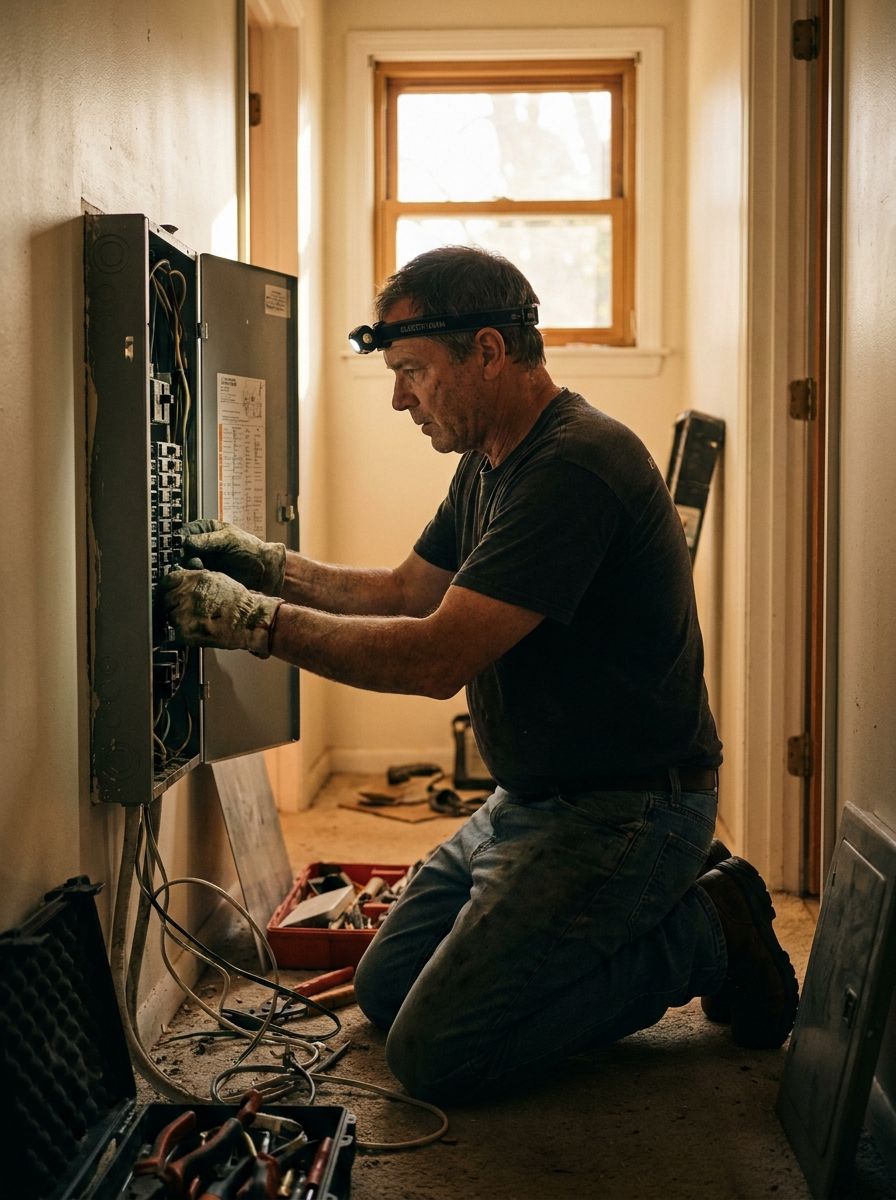 Electrician repairing a breaker panel